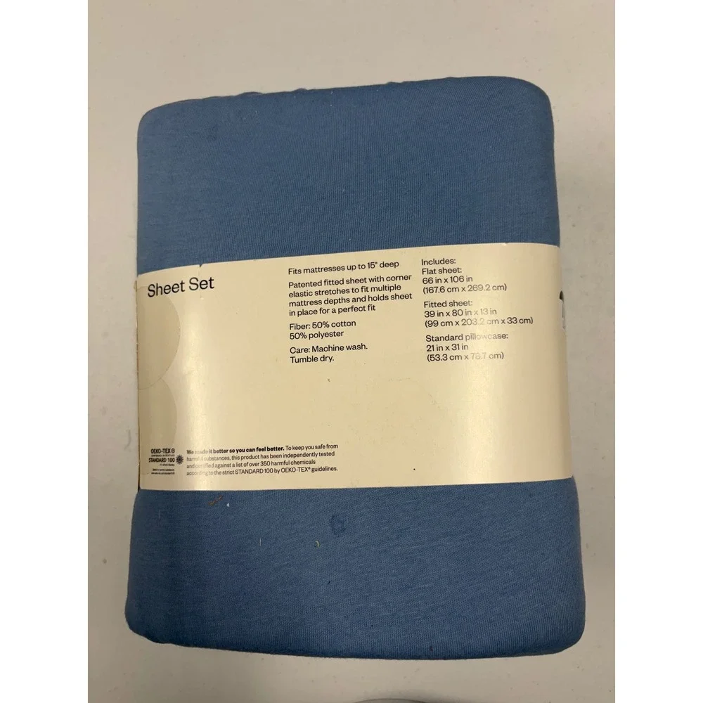 Room Essentials XL Twin Jersey Sheet Set Blue Soft T-Shirt Feel 3 Piece New